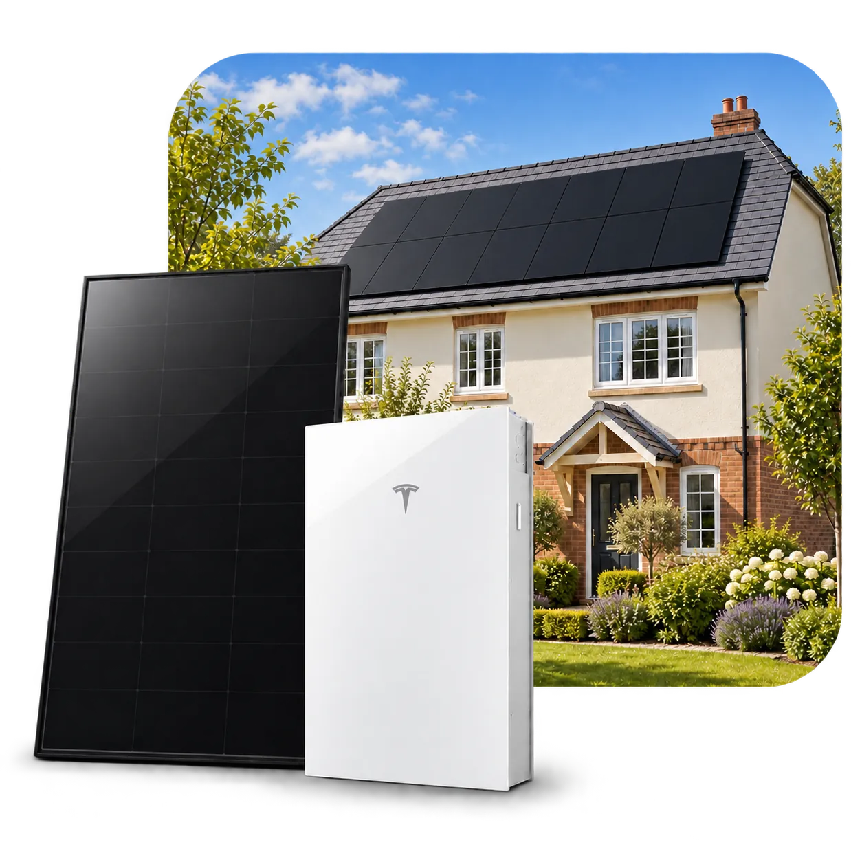 All-black solar panel and Tesla home battery in front of a house with rooftop solar panels