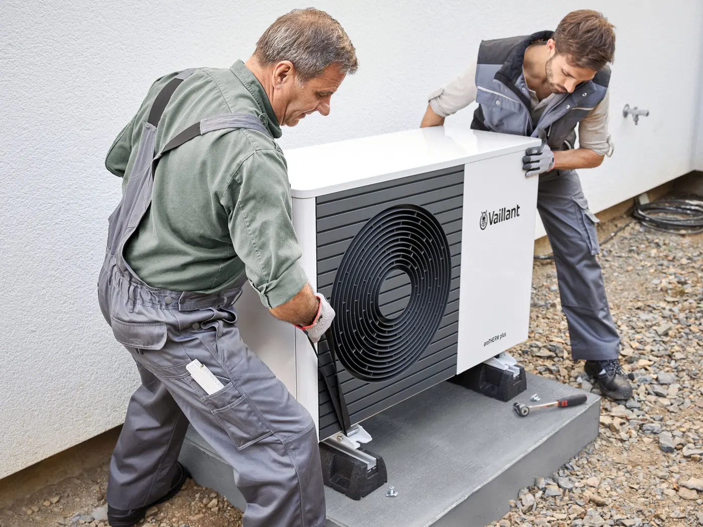 Vaillant air source heat pump installed beside a home