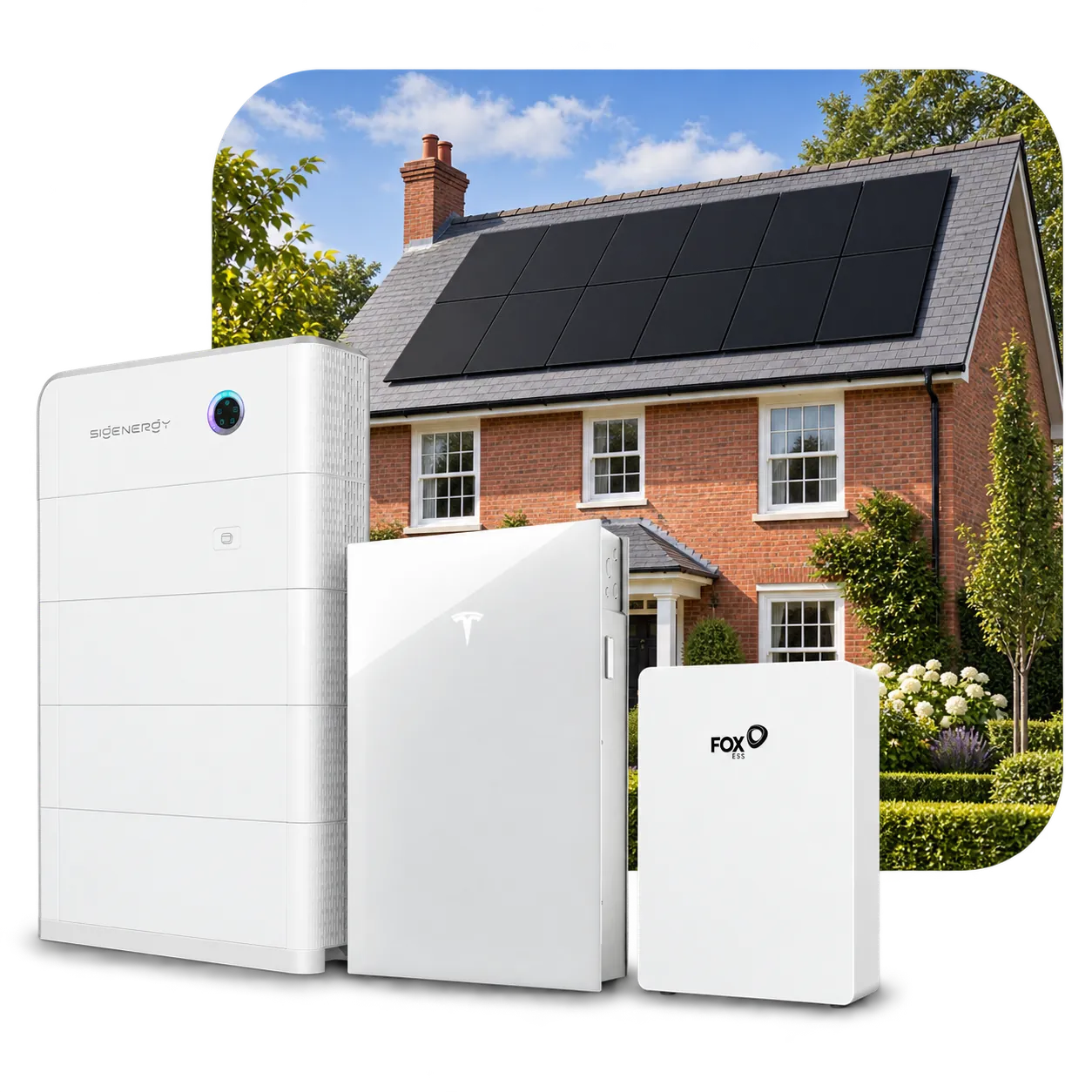 Sigenergy SigenStor, Tesla Powerwall 3 and Fox ESS EP6 home batteries in front of a UK red-brick home with rooftop solar panels