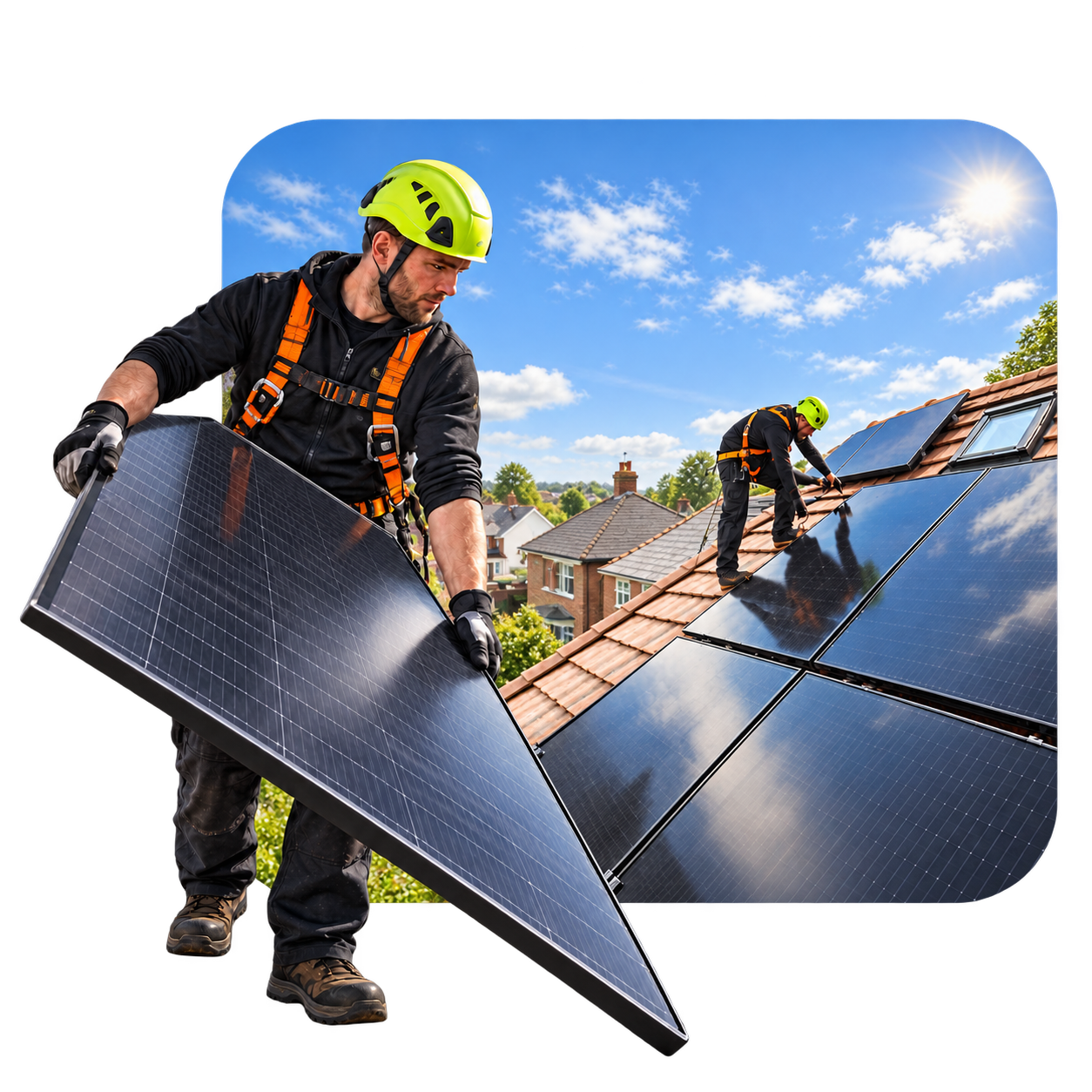 Solar installer carrying a panel in front of a rooftop installation