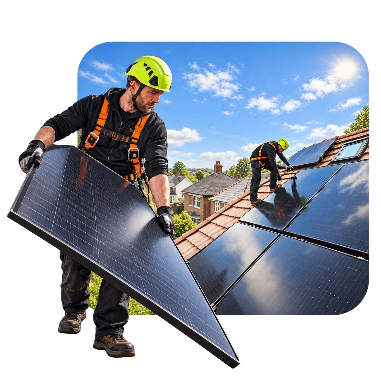 Illustration of a solar installer carrying a panel out of an installation scene