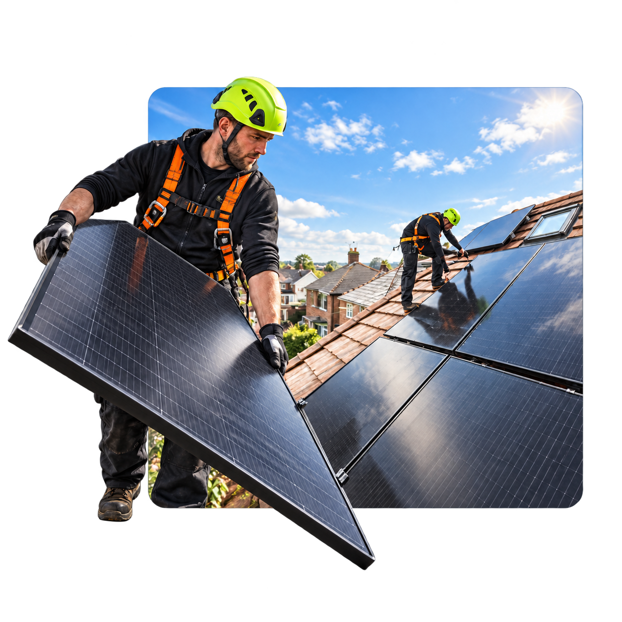 Solar installer carrying a panel in front of a rooftop installation
