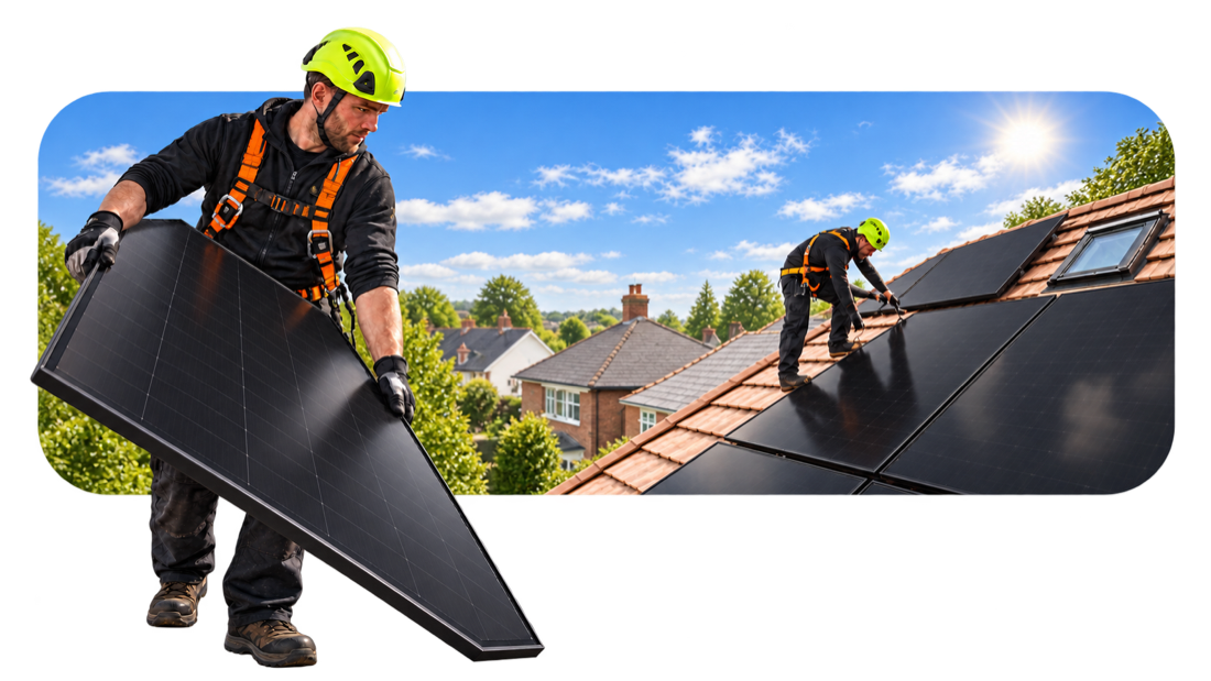 Solar installer carrying a panel in front of a rooftop installation