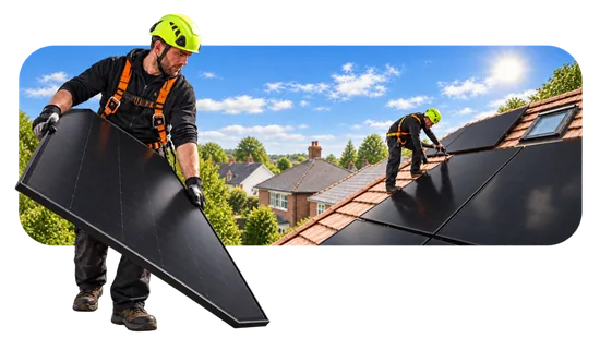 Solar installer carrying a panel in front of a rooftop installation