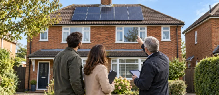 Homebuyers and surveyor checking solar panels before buying a UK house