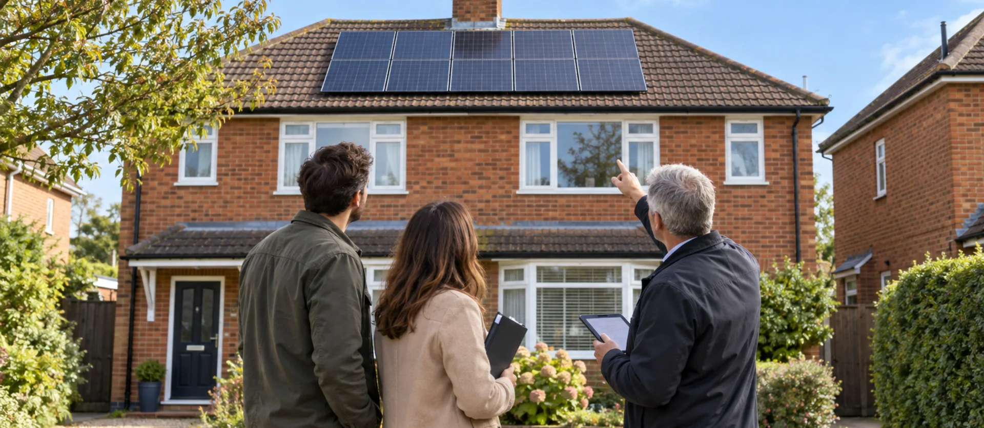 Homebuyers and surveyor checking solar panels before buying a UK house