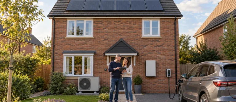 UK homeowners reviewing solar panel savings and payback beside their solar-powered home