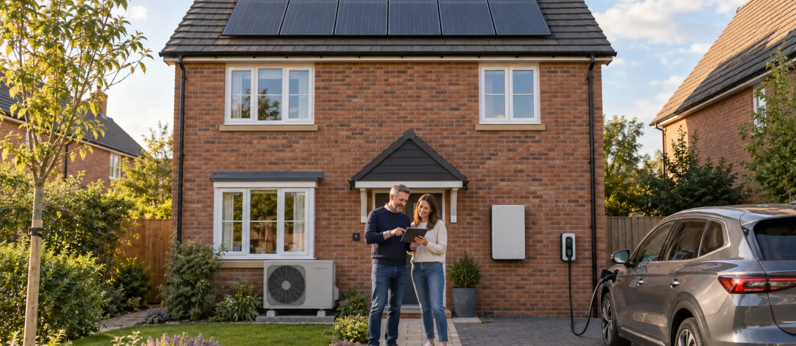UK homeowners reviewing solar panel savings and payback beside their solar-powered home